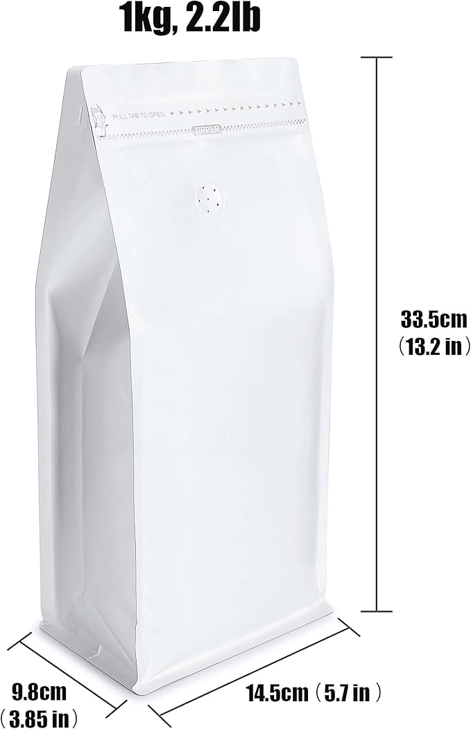 White Kraft Paper Stand Up Coffee Bag/Flat Bottom Coffee Pouch with One Way Degassing Valve and Reusable Side Zipper(Pull Tab to Open) (35oz, 2.2lb, 50 Pieces)