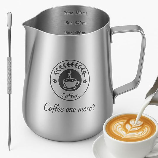 Milk Frothing Pitcher 20oz, Stainless Steel Espresso Steaming Jug with Latte Art Pen, Professional Coffee Milk Frother for Latte, Cappuccino, Macchiato & Hot Chocolate