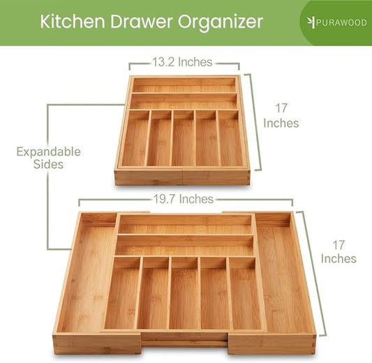 Bamboo Drawer Organizer, 2 Pack - Expandable Silverware Organizer & Utensil Drawer Organizer, Cutlery Tray with Dividers, 7-9 Slots- Premium Kitchen Organizer for Utensils & Flatware (Natural)