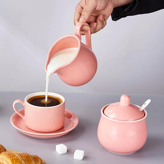 12 OZ Ceramic Sugar and Creamer Set, Coffee Serving Set, 3 Piece Cream Pitcher Sugar Bowl with Lid and Spoon (Pink)