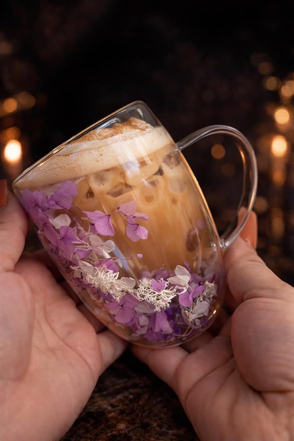 Leilanis Double Wall Glass Coffee Mug, Floral Design, Transparent Cup with Autumn Flowers (style 6)