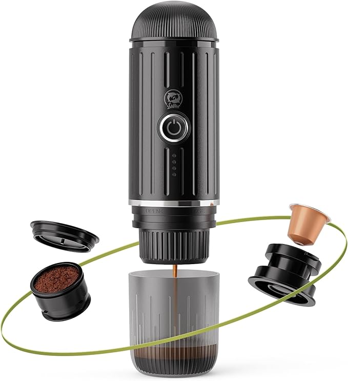 Portable Electric Espresso Coffee Maker Electric Coffee Machine Compatible with NS Capsules and Coffee grounds for Camping, Travel, Home【Heating version】