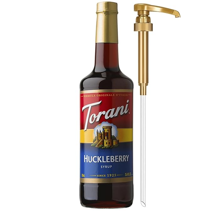 Torani Huckleberry Syrup for Drinks, Flavoring for Iced Tea, Lemonade, Sodas, and Cocktails, Glass Bottle with Pump Included, 25.4 Fl Oz