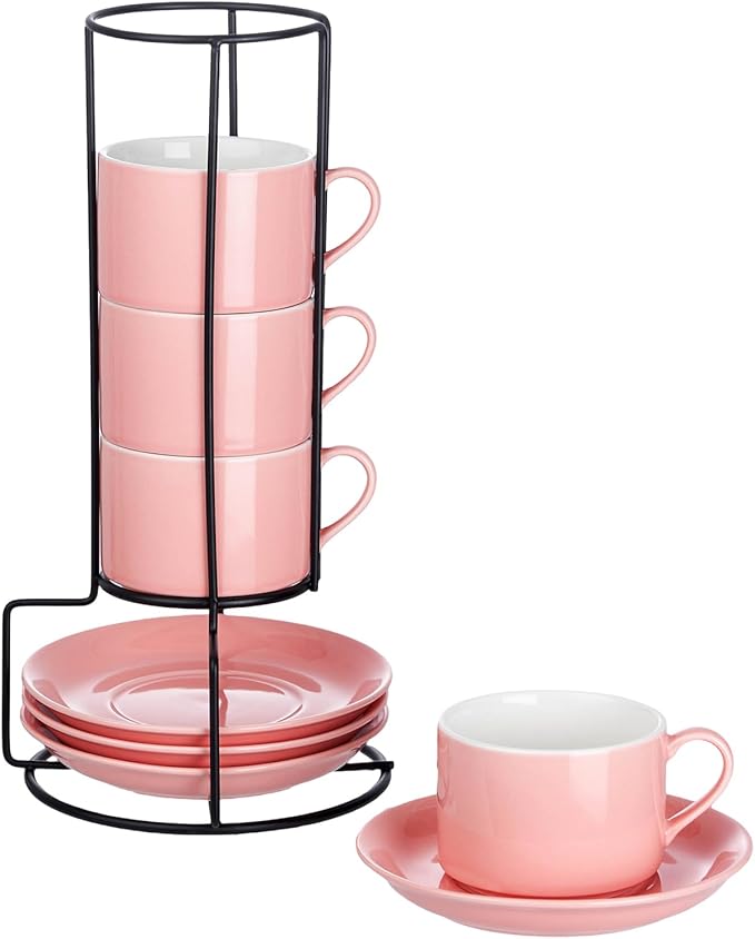 Meichu 8oz Porcelain Stackable Cappuccino Cups with Saucers and Metal Stand Set of 4, Cappuccino Cups Set of 4, Pink Coffee Cups for Espresso, Specialty Coffee Drinks, Latte, Americano and Tea