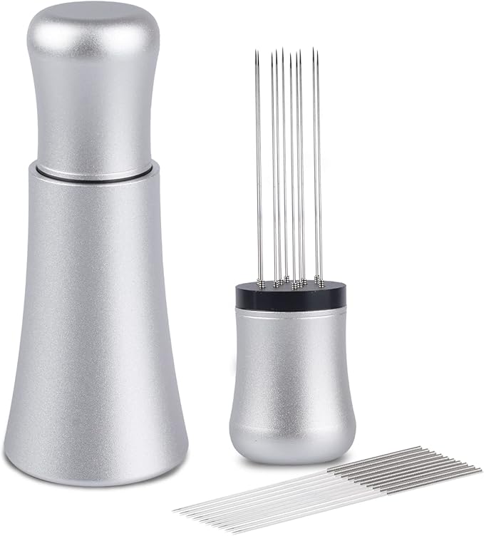 WDT tool, Espresso Distribution tools, 10 x 0.35mm 304 Stainless Steel Needles Installed with 10 Extra needles for Espresso Stirrer Replacement, Aluminum Alloy Handle with Stand (Matte Silver)