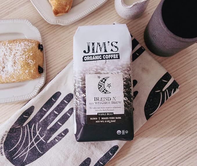 Jim’s Organic Coffee – Blend X AKA Witches Brew: Whole Bean Very Dark Roast (11oz) -100% Arabica Coffee Beans - USDA Certified Organic – Kosher – Regeneratively Grown - Ethically Sourced