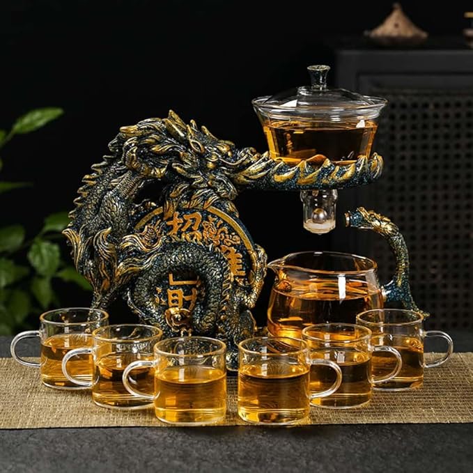Glass Teapot Set with Infuser Semi Automatic Dragon Tea Set with 6 Small Cups (blue golden dragon-b)