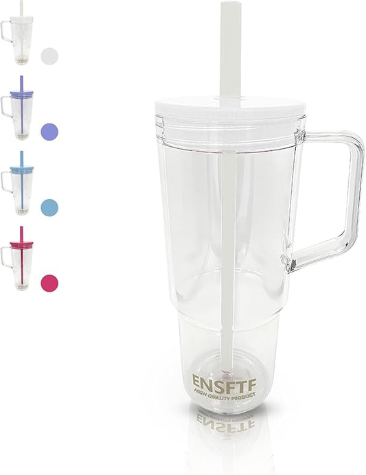 40oz Insulated Clear Tumbler with Handle and Lid & Straw, Reusable Travel Mug for Cold and Hot Drinks, Double-Wall Plastic Water Bottle | Crystal-Clear | Car Cup Holder Fit | Leakproof | BPA-Free