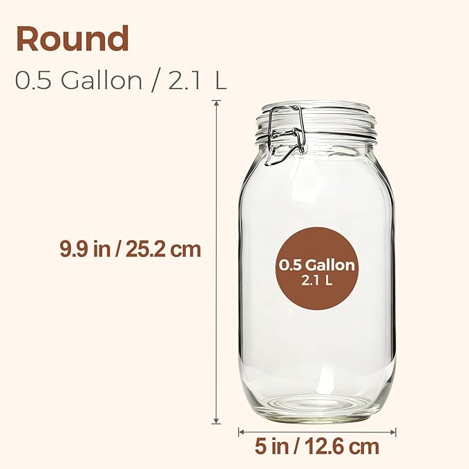 ComSaf Large Glass Jars with Airtight Lid Half Gallon, 64 OZ Mason Jars Set of 3, Glass Canisters with Airtight Lids, 0.5 Gallon Canning Jar with Seal Wire Clip Fastening for Kitchen, Pickle