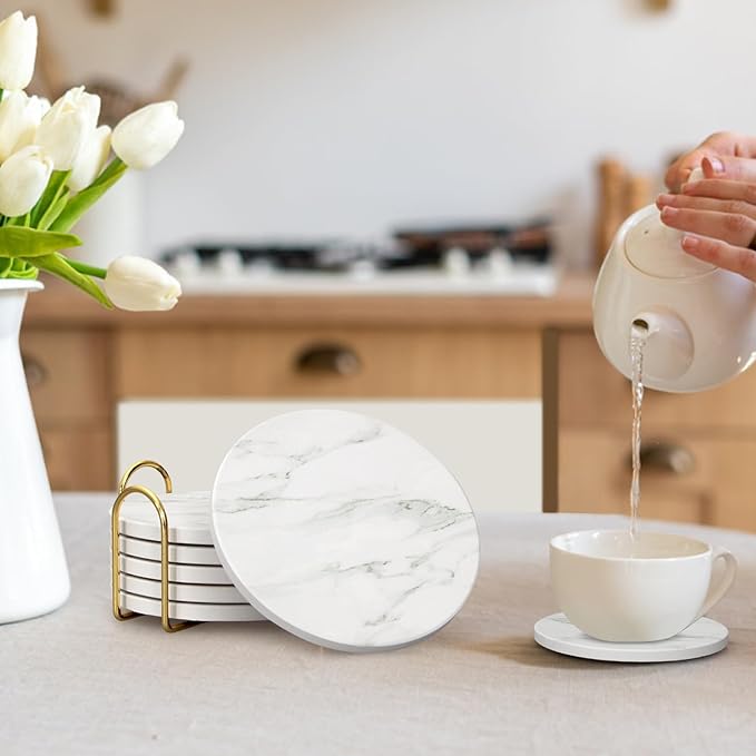 White Marble Coasters Set of 6 - Round Ceramic Absorbent Coasters with Holder for Lounge, Bar, Coffee, Cup, Table, Desk