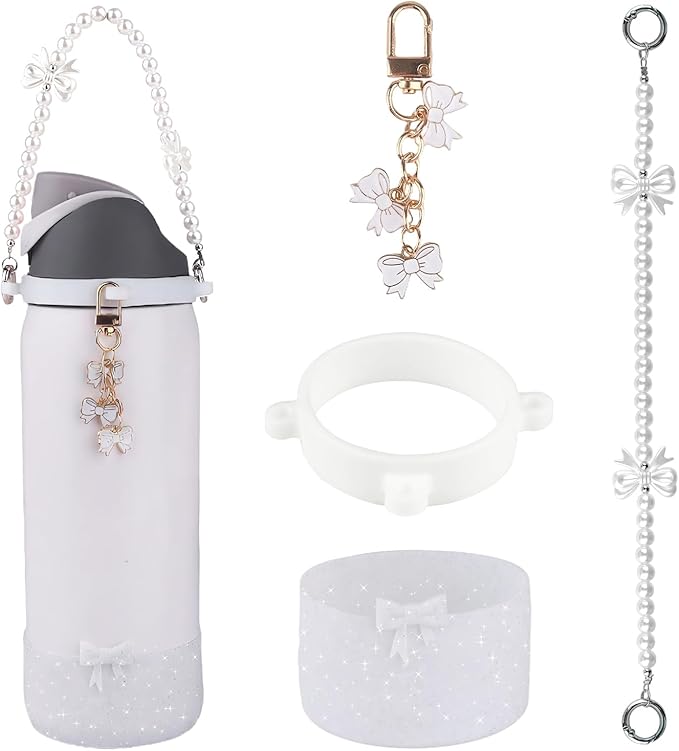 Water Bottle Accessories Set for Owala FreeSip 24oz、32 oz– Includes Pearl Handle Strap, Bow Charms,2.9in .3inch Silicone Bling Boot for Owala Accessories for Women