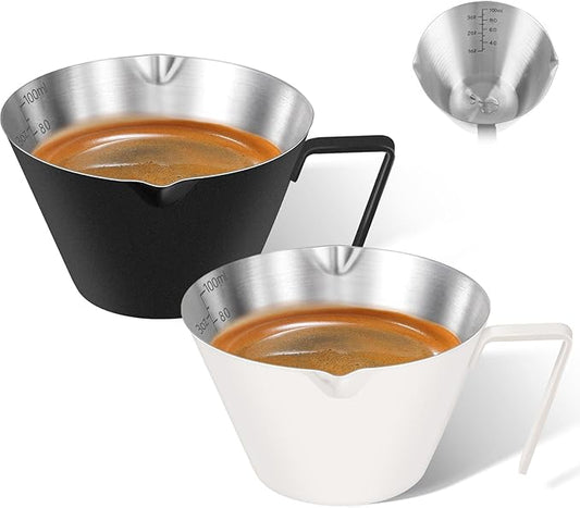 carrottimes 2Pcs Stainless Steel Espresso Cup, Double Spout Metal Espresso Measuring Cup with Handle, 3.4oz/100ml V-Shaped Mouth with Dual Scale (Black+White)