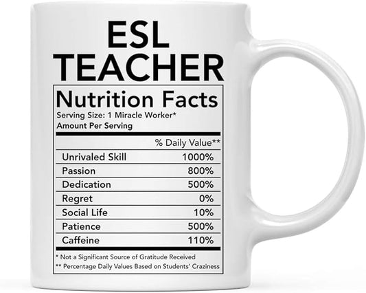 Andaz Press Funny 11oz. Ceramic Coffee Tea Mug Thank You Gift, ESL Teacher Nutritional Facts, 1-Pack