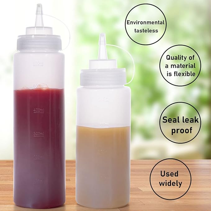 Katfort Squeeze Bottles for Sauces 2 Pack, 16 Ounce Plastic Dressing Squirt Bottles with Cap Lids, Condiment Bottle for Liquids BBQ Dressing Pancake Art Dispenser