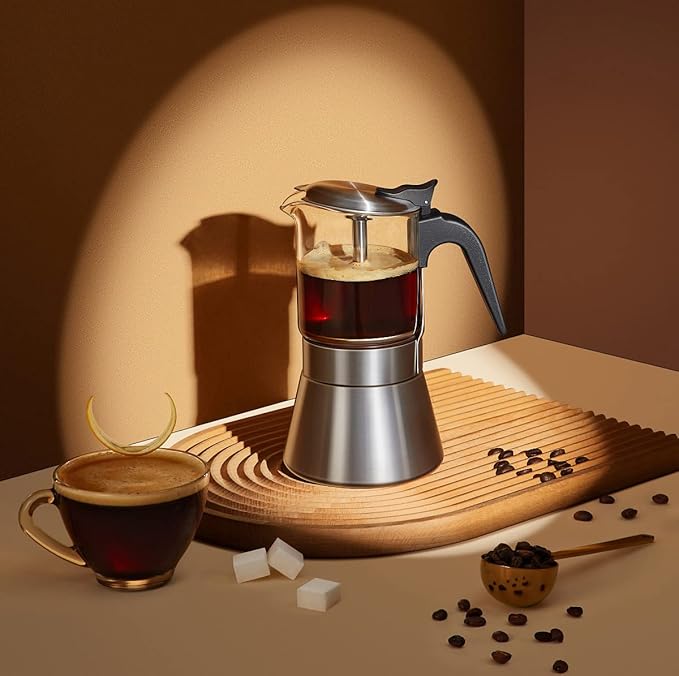 SIXAQUAE Moka Induction Stovetop Espresso Maker With Pressure valve,Crystal Glass-top & Stainless Steel Esprosso Moka Pot,240ml Classic Italian Coffee Maker
