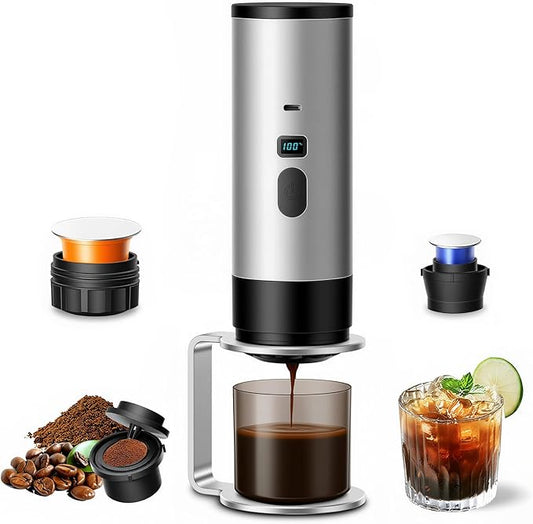 RQUOIRE 3-in-1 Portable Coffee Maker, Espresso Machine, Self-Heating Travel Coffee Maker Compatible with NS, DG Pods & Ground Coffee, Small Mini Espresso Machine for Car Camping, Hiking With Stand