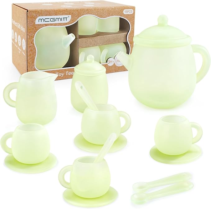 MCGMITT Tea Party Set for Toddler 3-5, 15PCS Silicone Tea Set Kids Tea Set, Includes Teapot, 4 Tea Cups and Coasters, Creamer, Sugar Bowl, 4 Spoons, Kitchen Pretend Play for Little Girls Boys Age 3-6