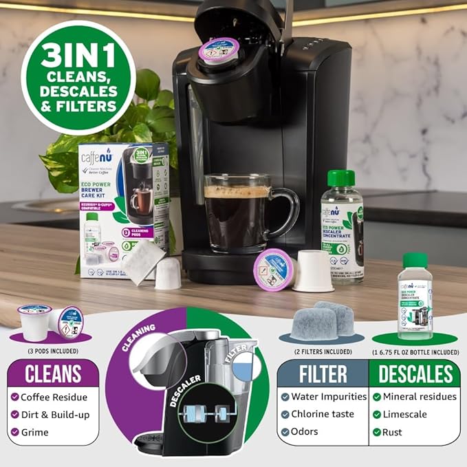 Caffenu Keurig Compatible Descaling Solution Cleaner and Descaler Kit. 2 Uses Descaling Solution, 3 Cleaning Pods and 2 Filter Replacement. 3 Months Maintenance Kit. For Keurig 1.0 & 2.0