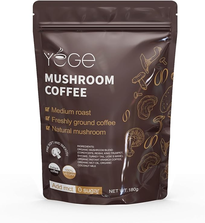 Mushroom Coffee, Instant Mushroom Coffee with Cordyceps, Reishi, King Trumpet, Shitake, Turkey Tail, Lions Mane for Energy, Focus, Positive Mood & Immune Support (30 Servings)