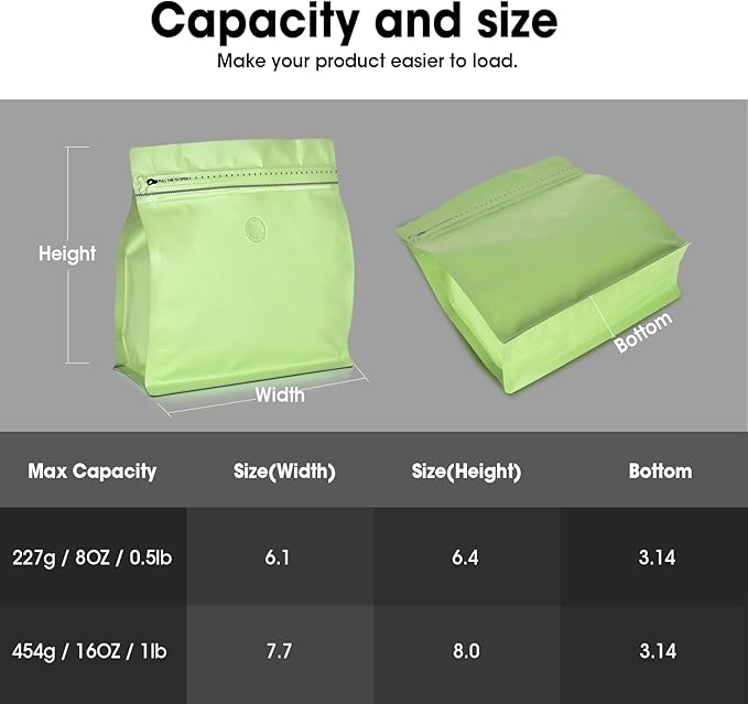 50 Count 8oz Coffee Bags with Valve,1/2 lb Vented Coffee Beans Packaging Bags High Barrier Aluminumed Foil Flat Bottom Heat Sealed Side Zipper Resealable Storage Bag for Home or Business（Green）