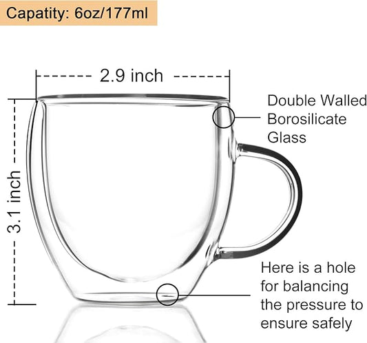 ZONEYILA Double Wall Glass Coffee Mugs Set of 4-6 OZ Insulated Coffee Cups - Clear Glass Drinkware with Handle for Double Espresso, Cappuccino, Latte, Hot/Cold Beverages