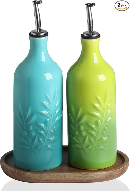 Sweejar Ceramic Olive Oil Dispenser Bottle, 20 Oz Relief Opaque Oil Cruet Protects To Reduce Oxidation, Suitable for Storage, Vinegar, Soy Sauce,Liquids,Set of 2 (Gradient Blue Gradient Green)