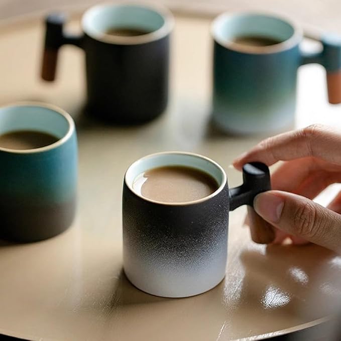 2-Oz Ceramic Espresso Cups with Wood Handle, 2/4-Piece Set for Coffee, Tea, Latte - Dishwasher Safe, Multi-Color & Wood Styles, Gift & Café Use (blue black, Wooden Handle4)