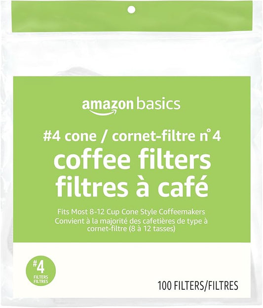 Amazon Basics Number 4 Cone Coffee Filters for 8-12 Cup Coffee Makers, White, 100 Count