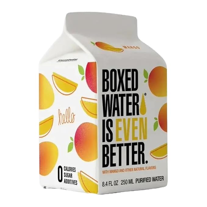 Mango Boxed Water 8.5 oz. (24 Pack) – Better Than Premium Plastic, BPA-Free, Refillable Cartons, Sustainable Alternative, Mini Carton for Kids, Lunchbox Ready