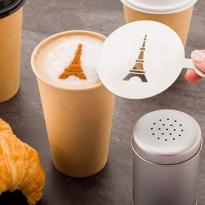 Restaurantware Restpresso 4.75 Inch Latte Stencil 1 Eiffel Tower Coffee Stencil - Coffee Art Template Decorate Cupcakes Cakes or Cookies Stainless Steel Cappuccino Stencil Heat-Resistant