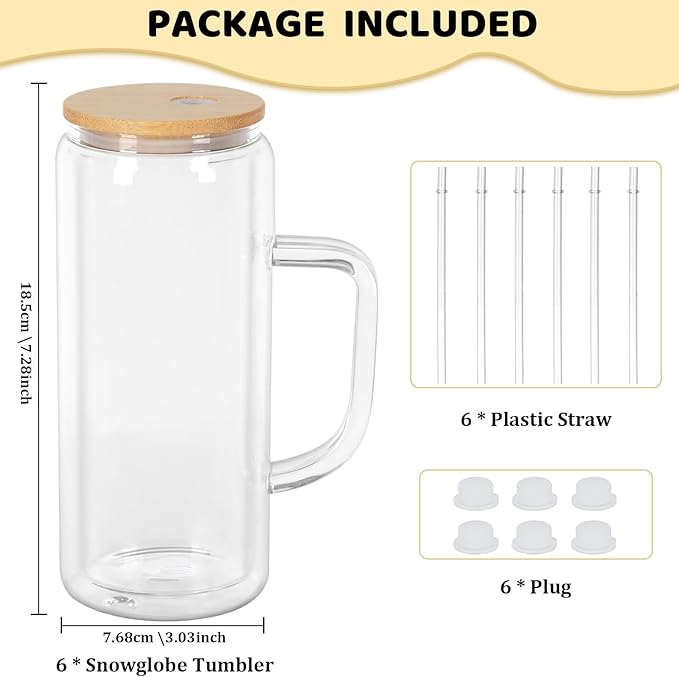 20 Oz Snow Globe Glass Cup With Handle, 6 Pack Pre-Drilled Double Wall Glass Coffee Mug For Snowglobe Diy Glitter, Double Wall Snow Globe Tumbler with Bamboo Lid