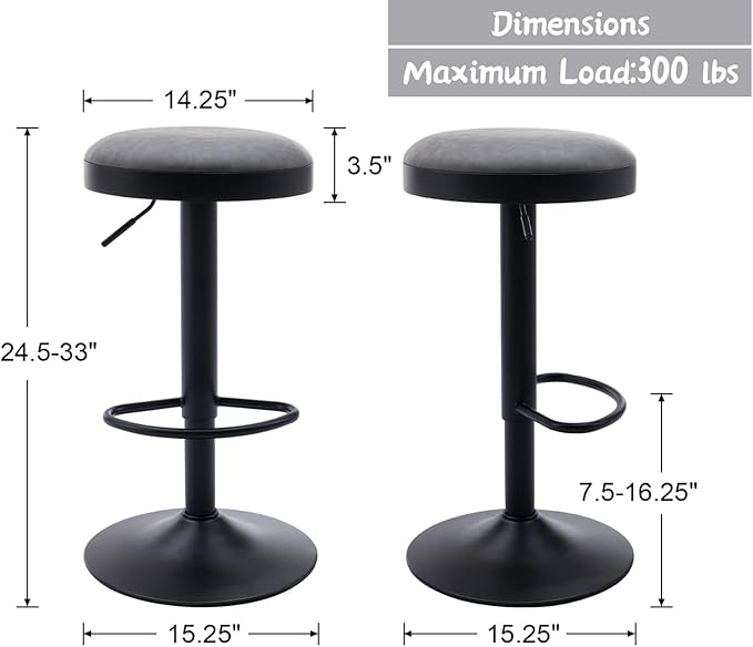 Round Swivel Counter Height Bar Stools Set of 3 Modern Adjustable Barstools Backless PU Leather Bar Chairs Industrial Island Chairs with Metal Base/Footrest for Kitchen Island/Pub/Bar, Grey