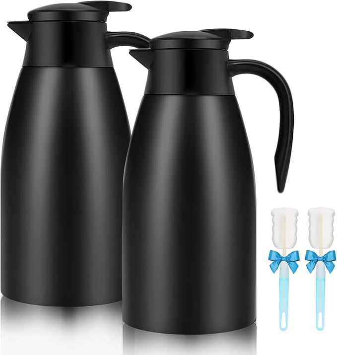 68oz Thermal Coffee Carafe, Airpot Insulated Coffee Urns Stainless Steel Vacuum Thermal Pot Dispenser for Coffee, Hot Water, Tea, Hot Beverage - Keep 12 Hours Hot, 24 Hours Cold (2 Pack Black)