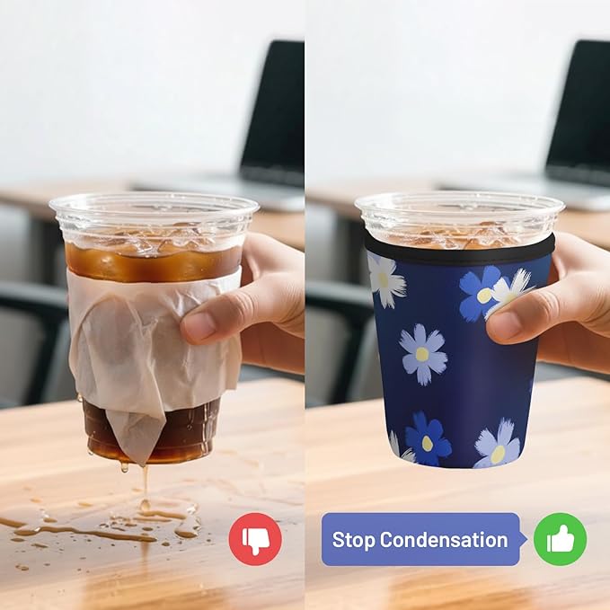 Iced Coffee Sleeve Reusable Cup Sleeves for Cold Drinks Neoprene Koozie Cozy Plastic Cup Covers for Drinks, Blue White Floral