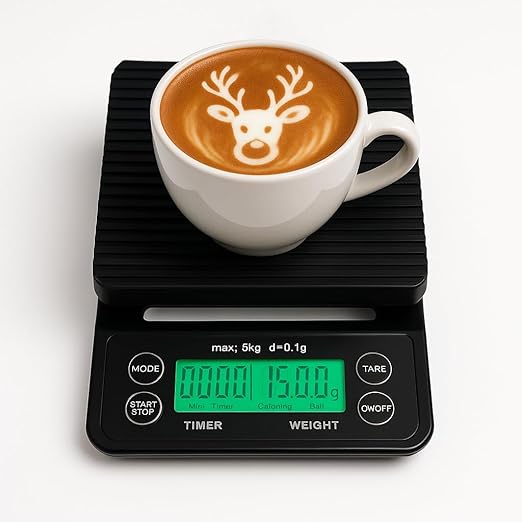 Coffee & Kitchen Digital Scale for Pour Over, Drip, Espresso, Salad Preparation, Pizza, Seasonal & Thanksgiving Cooking. Built-in Timer, Unit Switch, Green LCD, Max 5kg Weight, 0.1g Accuracy