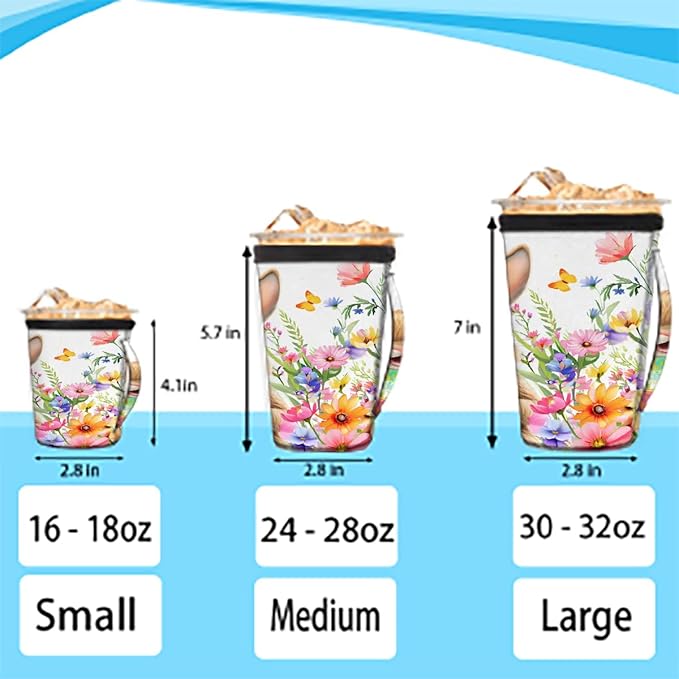 Flowers with Rabbit Reusable Coffee Sleeves Iced Coffee Cozy Insulator, Neoprene Holder with Handle for Cold Coffee or Ice Drink, Small 16-18oz