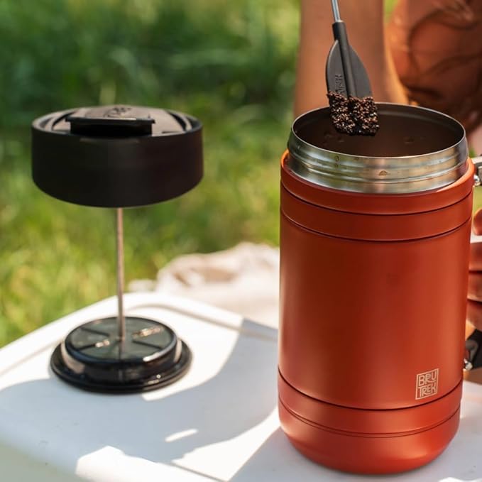 BruTrek BaseCamp Coffee Press - Double Wall Insulated Stainless Steel - Bru-Stop Technology, No Grounds in Coffee, No Spill Lid (Red Rock, 48 fl.oz)