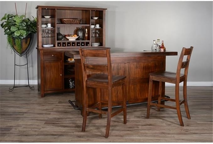 Pemberly Row Set of 3 Polished Brown Wood Bar Unit & 2 Swivel Barstool with Back