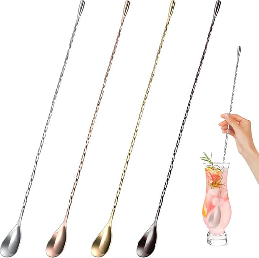 Roshtia 4 Pcs 15.7 Inches Bar Spoon Stainless Steel Cocktail Stirrer Mixing Spoon Spiral Pattern for Bar Cocktail Shaker Tall Cups(Multicolor)