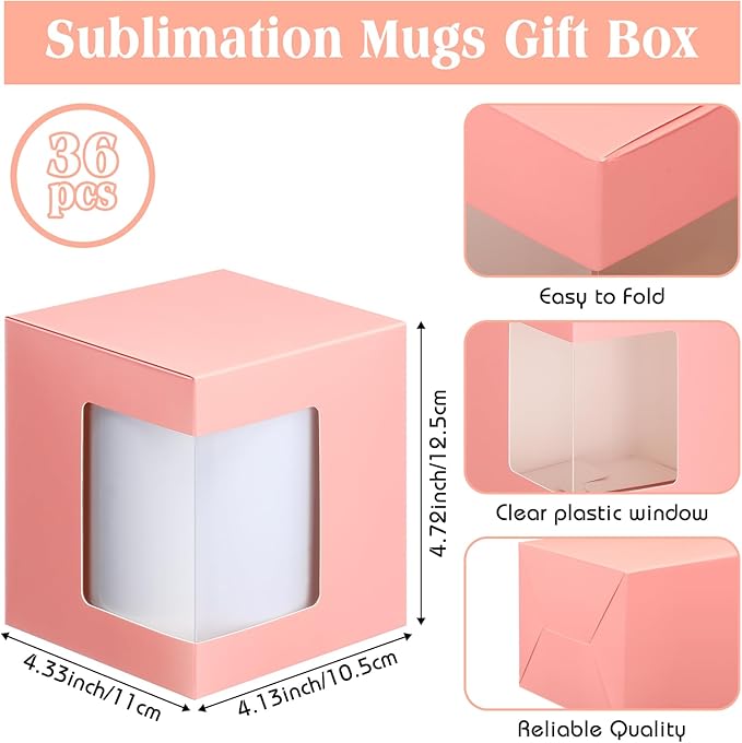 Harloon 36 Pack Mug Boxes for Gifts Coffee Mugs Boxes Gift for Shipping Sublimation Transparent Wine Glass Gift Packaging Box for Blanks 11oz, 12oz, 15oz Wrapping(Pink)