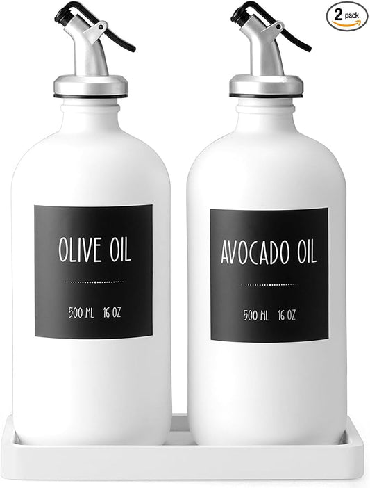 Olive Oil Dispenser Bottle for Kitchen, 16oz Glass Oil and Vinegar Dispenser Set with Wood Tray & 54 Labels - White Cooking Oil Bottles for Kitchen - Coffee Syrup Dispenser - Set of 2