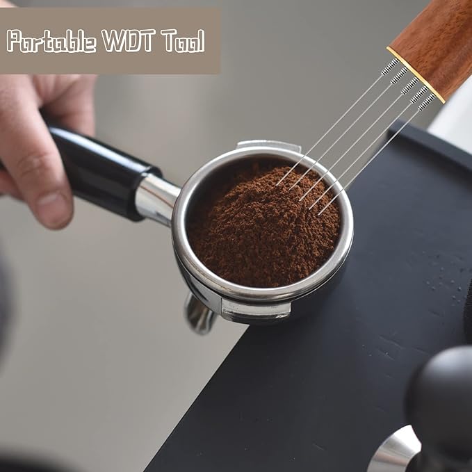 Espresso Coffee Stirrer, Espresso Distribution Tool Coffee Stirring Tool,Professional Barista Hand Needle Type Distribution Tool 5 Needles 0.4mm Natural Wood Handle and Stand