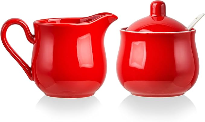 12 OZ Ceramic Sugar and Creamer Set, Coffee Serving Set, 3 Piece Cream Pitcher Sugar Bowl with Lid and Spoon (Red)