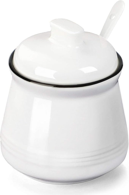 HAOTOP Porcelain Salt Bowl with Lid and Spoon,Ceramic Sugar Bowl 12oz (White)
