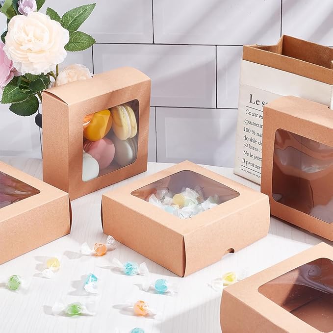 BENECREAT 10PCS Brown Kraft Paper Box with Clear Window, 5.12x5.12x1.97inch Square Kraft Paper Gift Box for Wedding Party Gifts, Festival Jewelry Packaging, Candy Storage