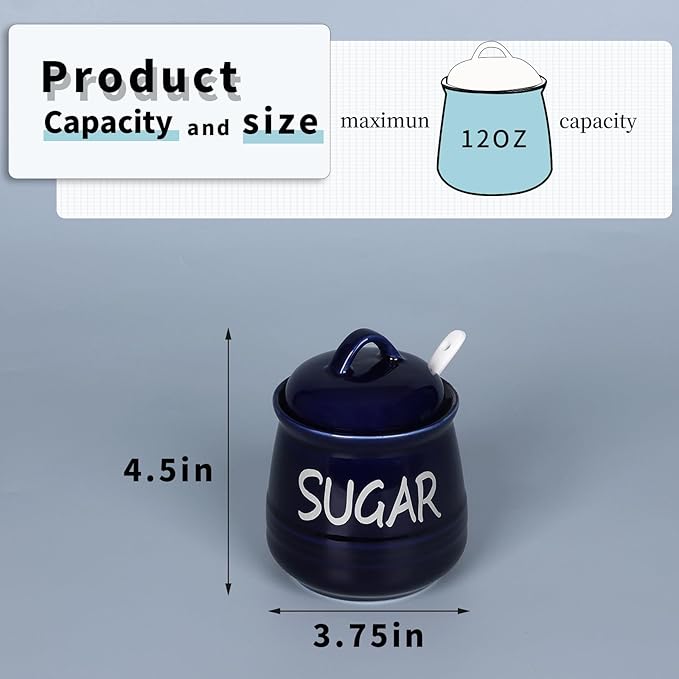 HAOTOP Porcelain Sugar Bowl with Lid and Spoon 12 oz (Navy)