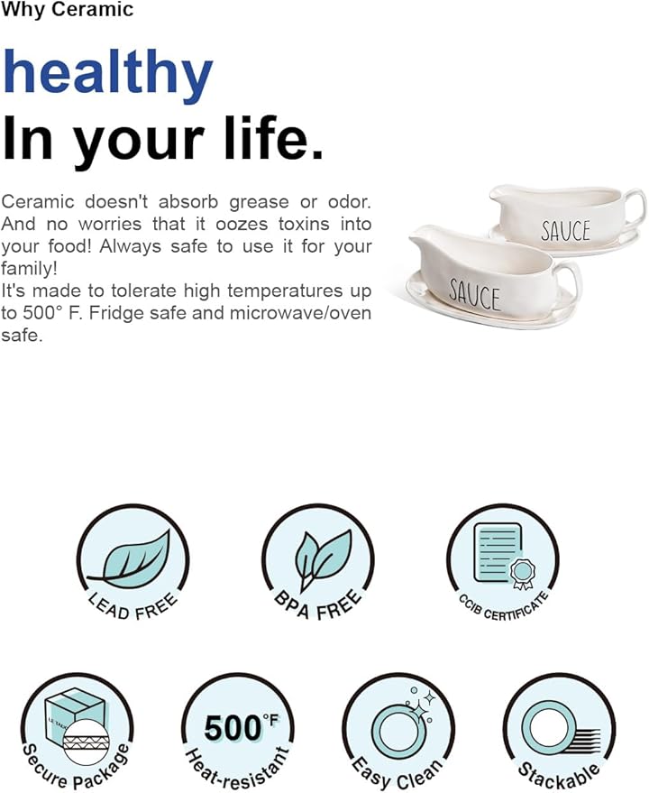 LE TAUCI Gravy Boat with Saucer Stand 16oz, Ceramic Sauce Boat with Tray for Salad Dressings, Creamer, Broth, Black Pepper- Set of 2, Oyster White