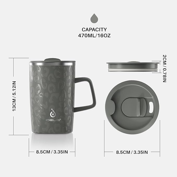 Ideus Vacuum Insulated Coffee Mug, 16oz Reusable Stainless Steel Thermal Double Walled cup with Handle and Slider Lid for Hot & Cold Beverages, BPA Free (Leapord Gray)
