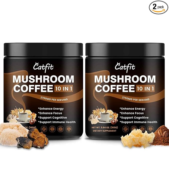 Catfit Instant Mushroom Coffee Powder, 10-in-1 Adaptogen Blend with Lion's Mane, Chaga & Cordyceps for Energy, Focus, Gut Health & Immune Support - 320g, 100 Servings