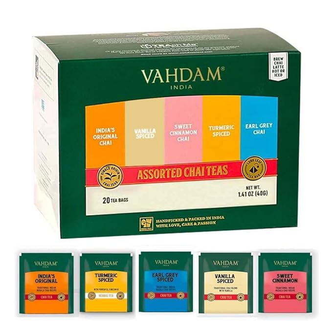 VAHDAM, Assorted Chai Tea Bags Sampler (5 Flavors, 20 Ecofriendly Pyramid Teabags) I Valentines Day Gifts for Him & Her | Masala Chai Teas Varieties from India | Gluten Free & Non GMO